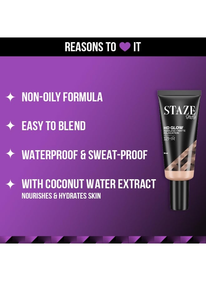 Staze 9to9 HD Foundation | 12Hrs Longlasting | Poreless + Matte Flawless Finish | Full Coverage, Sweatproof & Easily Blendable | Suitable for All Skin Types | 105C Swan | 18 ml - Image 2